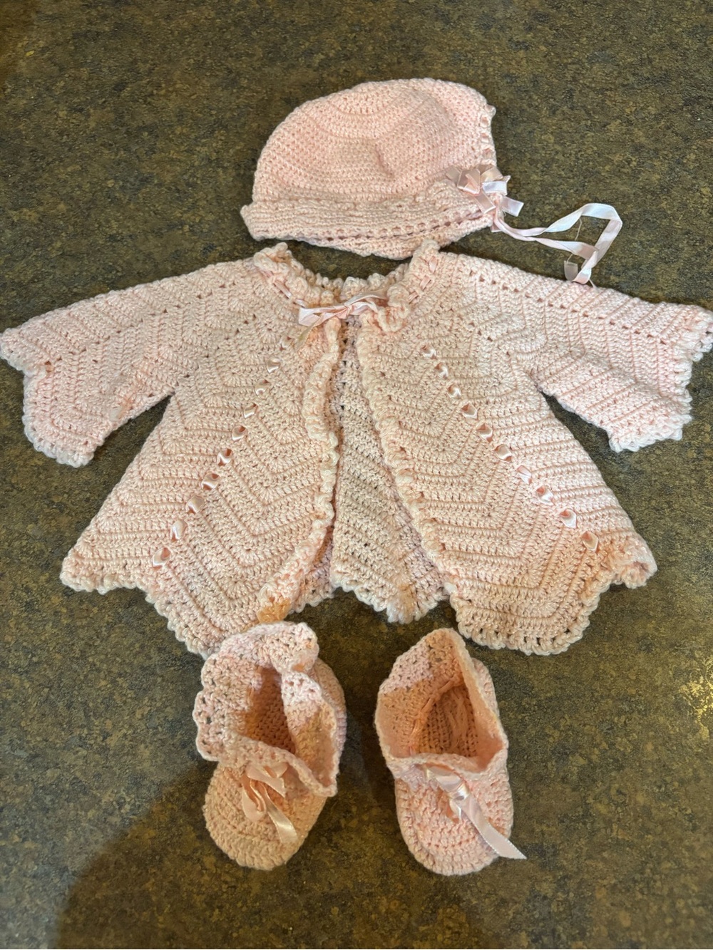 Handmade Pink Crochet Baby Set - Hat, Sweater & Booties Vintage